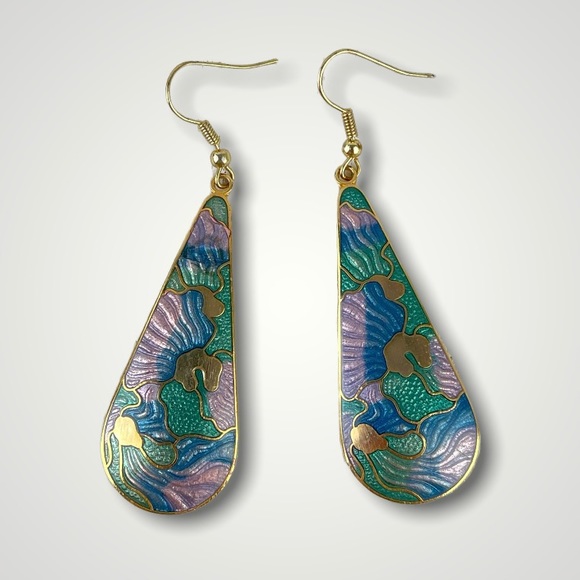 🚫SOLD🚫 VTG 80’s Pastel & Gold Cloisonné Enamel Earrings ✨ Tear Drop Fish and - Picture 14 of 15
